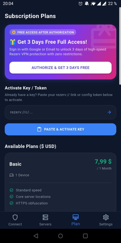 Rezerv VPN Plans Screen